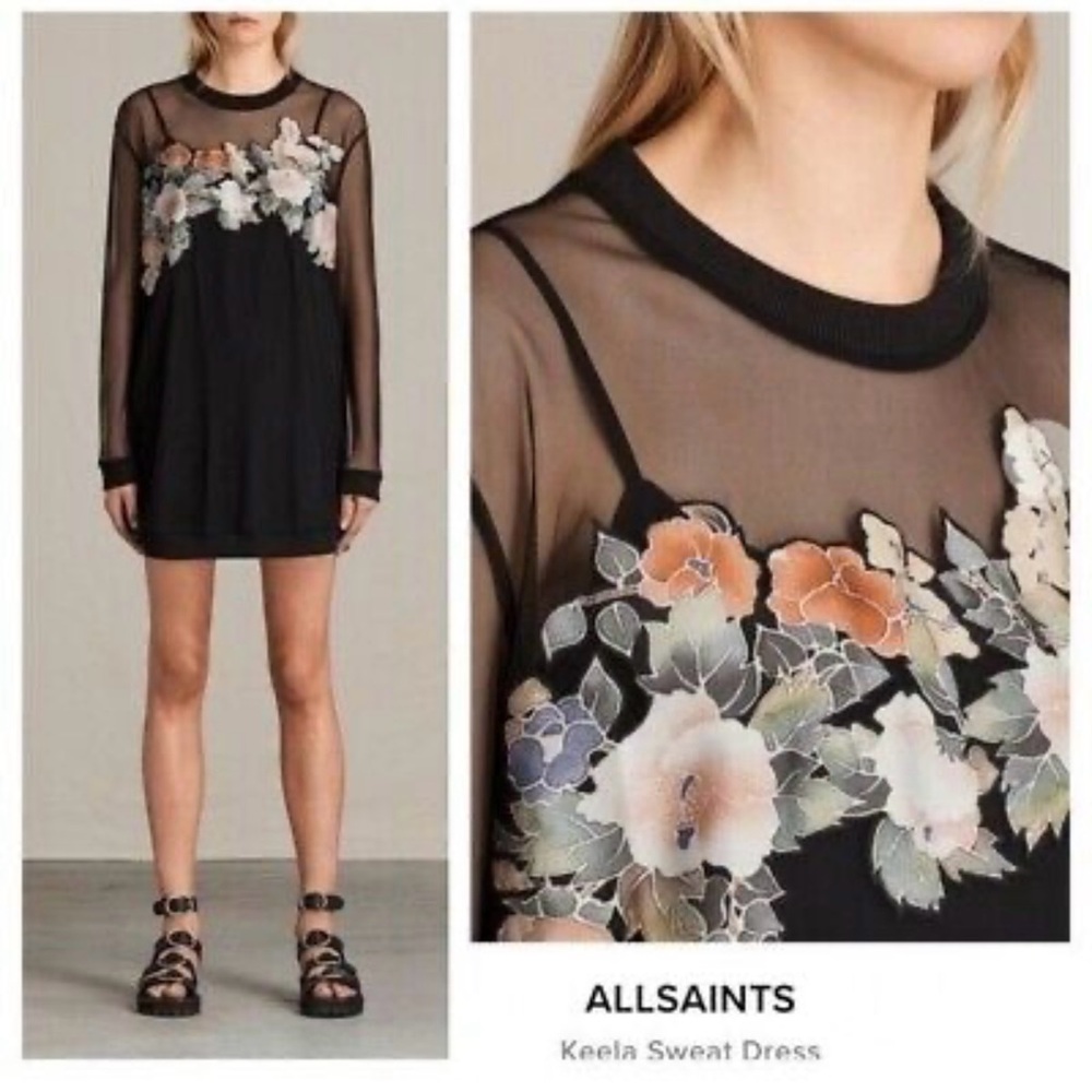 All Saints / Keela Sweat Dress floral appliqué mesh long sleeve black small m